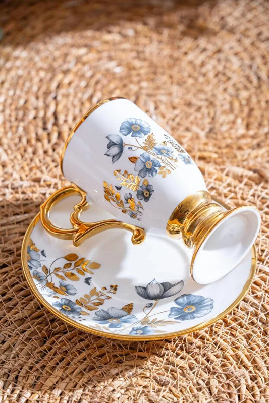 ACAR Parlin 6-Person Porcelain Coffee Cup & Saucer Set (90 ml) – Grey & Pink