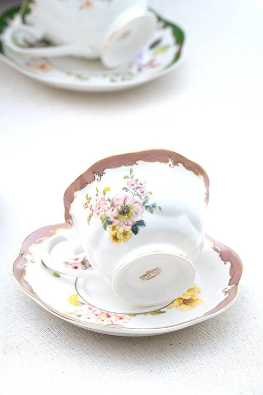 ACAR Clara 6-Person Porcelain Tea Cup and Saucer Set – Emerald Green, Rose Gold & Berry Pink (220 ml)