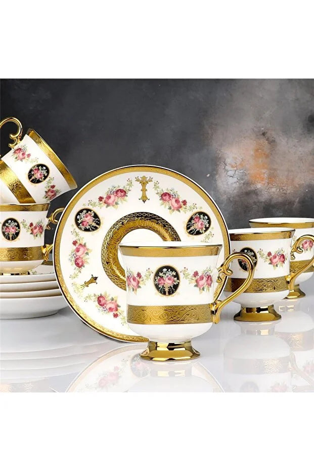KOSOVA Maddox 6-Person Porcelain Footed Coffee Cup & Saucer Set (90 ml)
