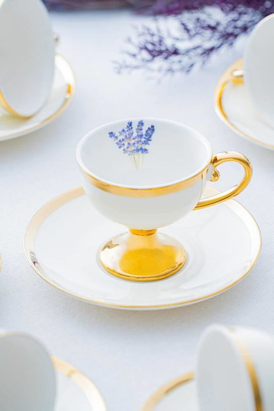 ACAR Miranda Gold 6-Person Porcelain Coffee Cup and Saucer Set (90 ml)