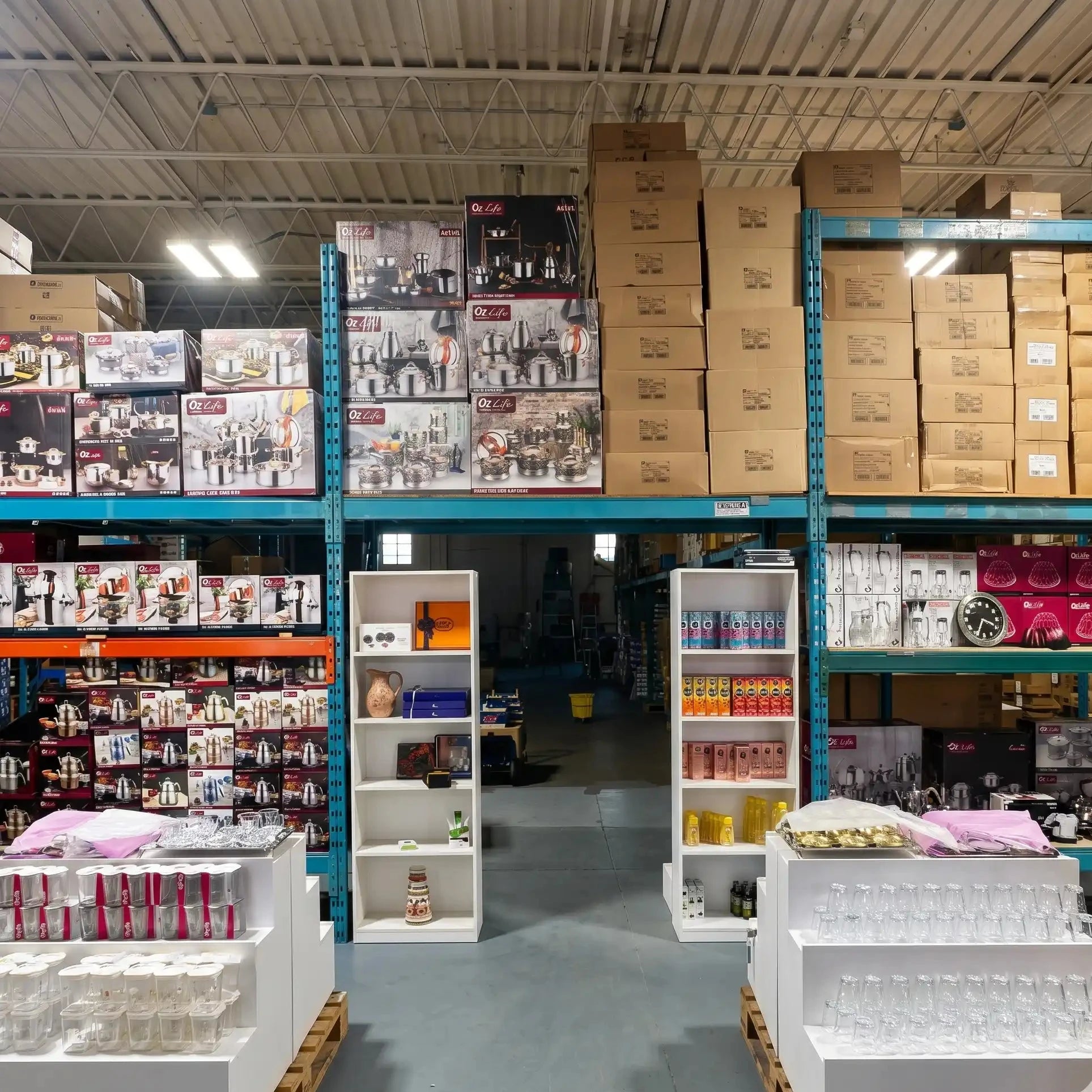 Storage warehouse with shelves stocked with boxes and products