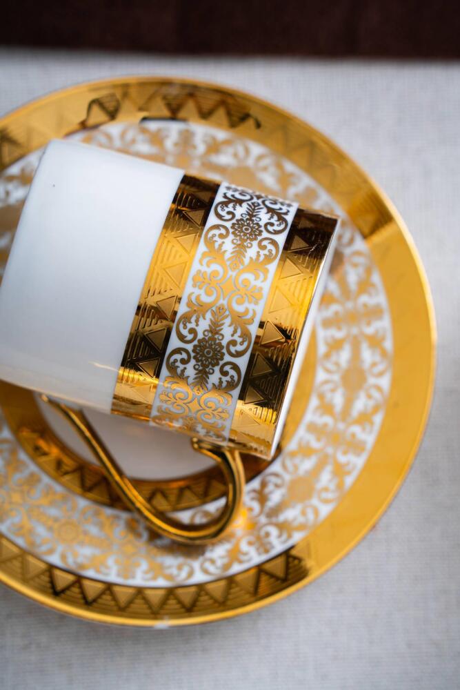 ACAR Hermia 6-Person Porcelain Coffee Cup & Saucer Set (90 ml) – White with Gold Accents
