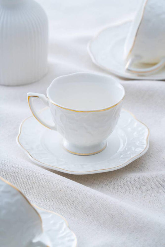 ACAR Octavia 6-Person Porcelain Tea Cup & Saucer Set (90 ml) – Gold or Silver Accents