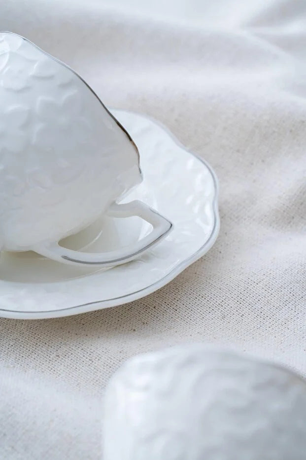 ACAR Octavia 6-Person Porcelain Tea Cup & Saucer Set (90 ml) – Gold or Silver Accents