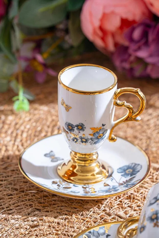 ACAR Parlin 6-Person Porcelain Coffee Cup & Saucer Set (90 ml) – Grey & Pink