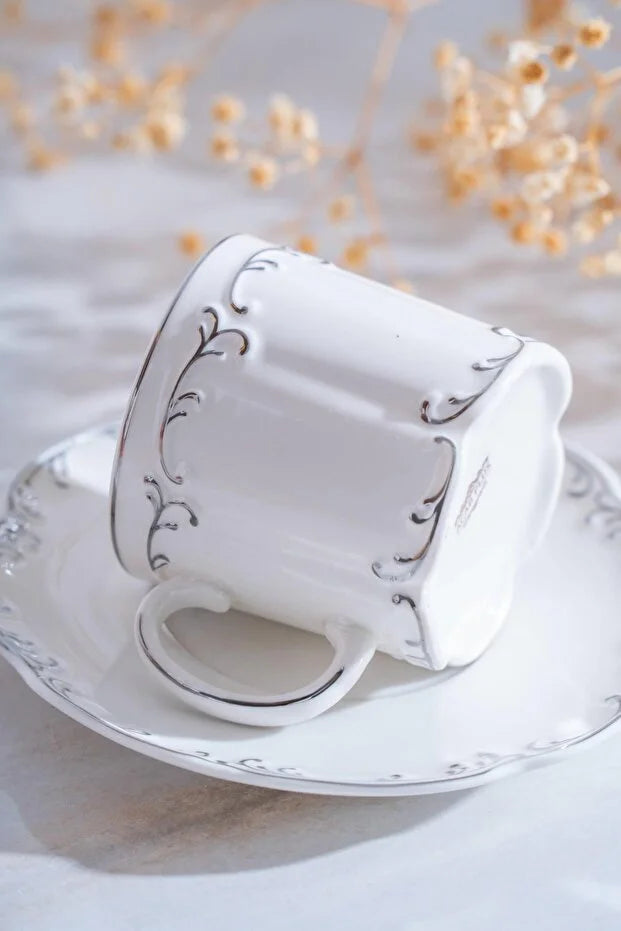 ACAR Marilla 6-Person Porcelain Coffee Cup & Saucer Set (90 ml) — Gold and Silver Variations