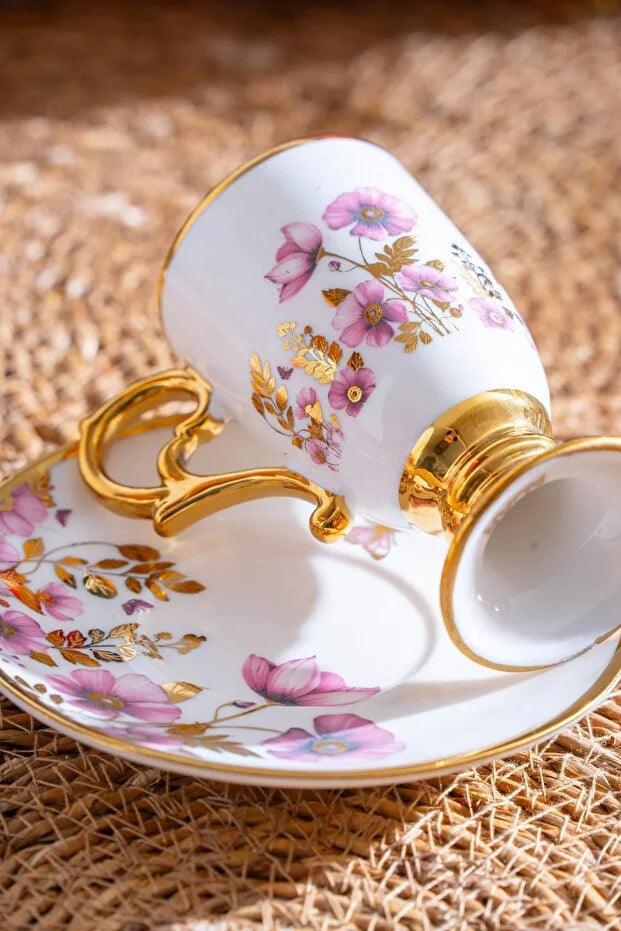 ACAR Parlin 6-Person Porcelain Coffee Cup & Saucer Set (90 ml) – Grey & Pink