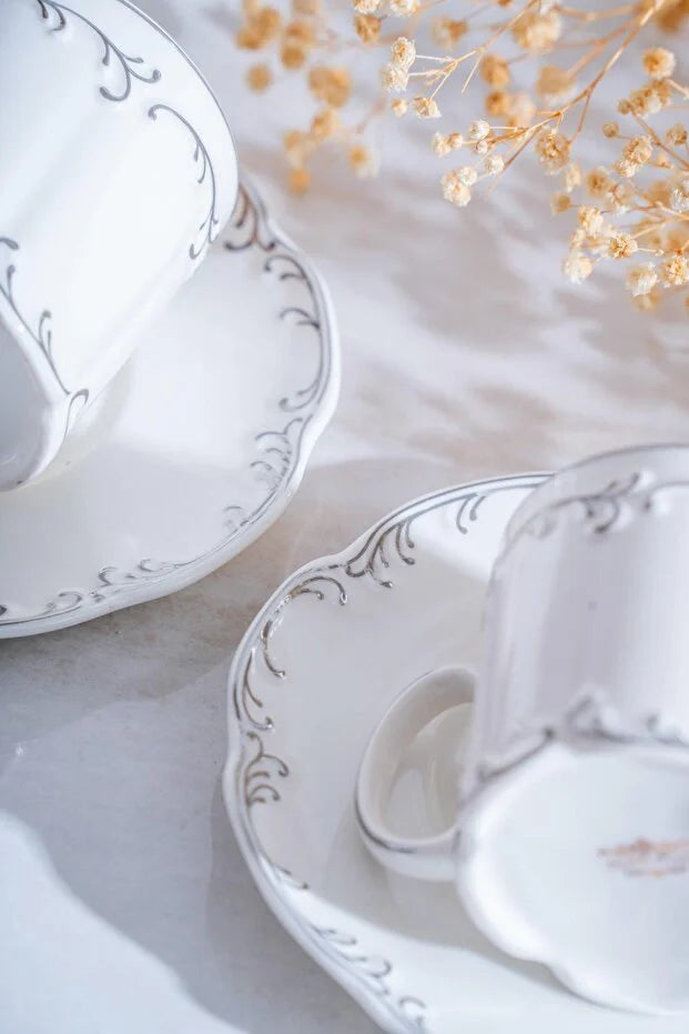 ACAR Marilla 6-Person Porcelain Coffee Cup & Saucer Set (90 ml) — Gold and Silver Variations