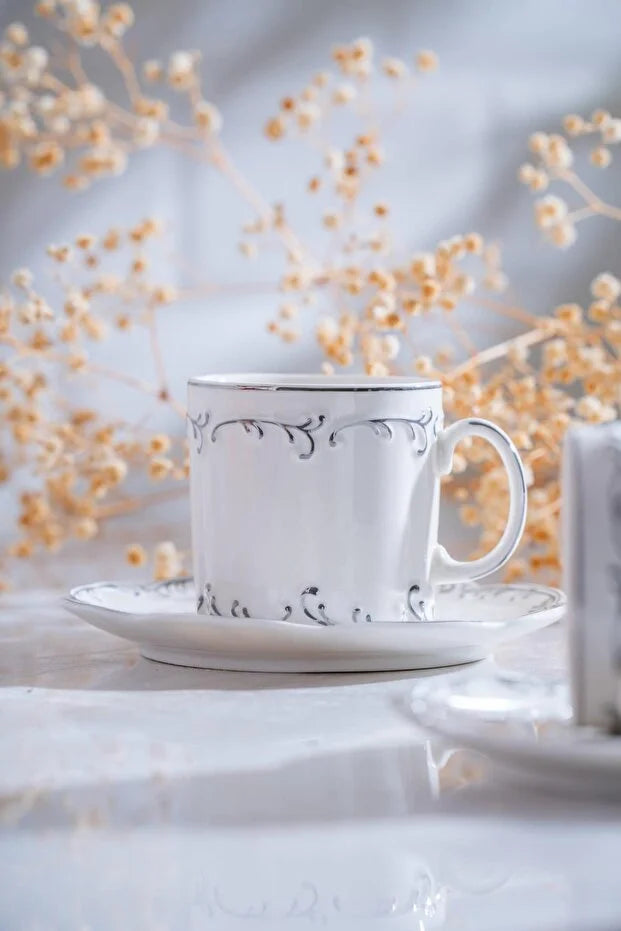 ACAR Marilla 6-Person Porcelain Coffee Cup & Saucer Set (90 ml) — Gold and Silver Variations