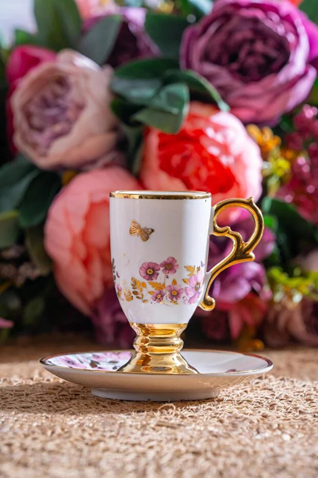 ACAR Parlin 6-Person Porcelain Coffee Cup & Saucer Set (90 ml) – Grey & Pink