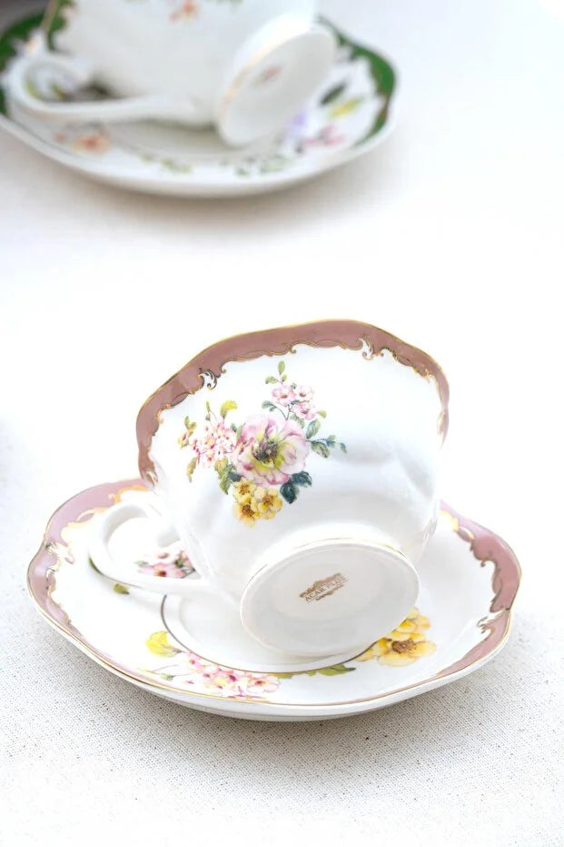 ACAR Clara 6-Person Porcelain Tea Cup and Saucer Set – Emerald Green, Rose Gold & Berry Pink (220 ml)