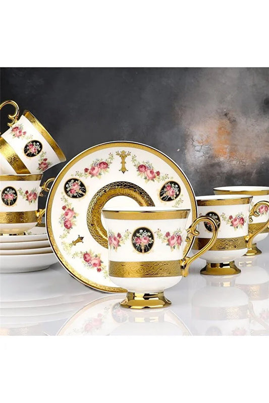 KOSOVA Maddox 6-Person Porcelain Footed Coffee Cup & Saucer Set (90 ml)