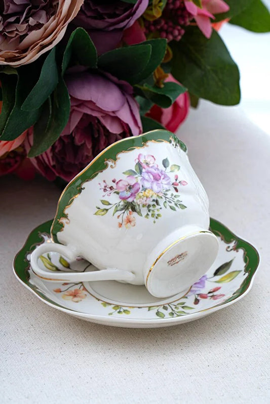 ACAR Clara 6-Person Porcelain Tea Cup and Saucer Set – Emerald Green, Rose Gold & Berry Pink (220 ml)