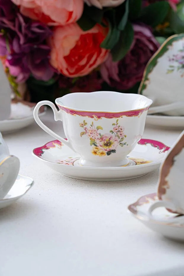 ACAR Clara 6-Person Porcelain Tea Cup and Saucer Set – Emerald Green, Rose Gold & Berry Pink (220 ml)