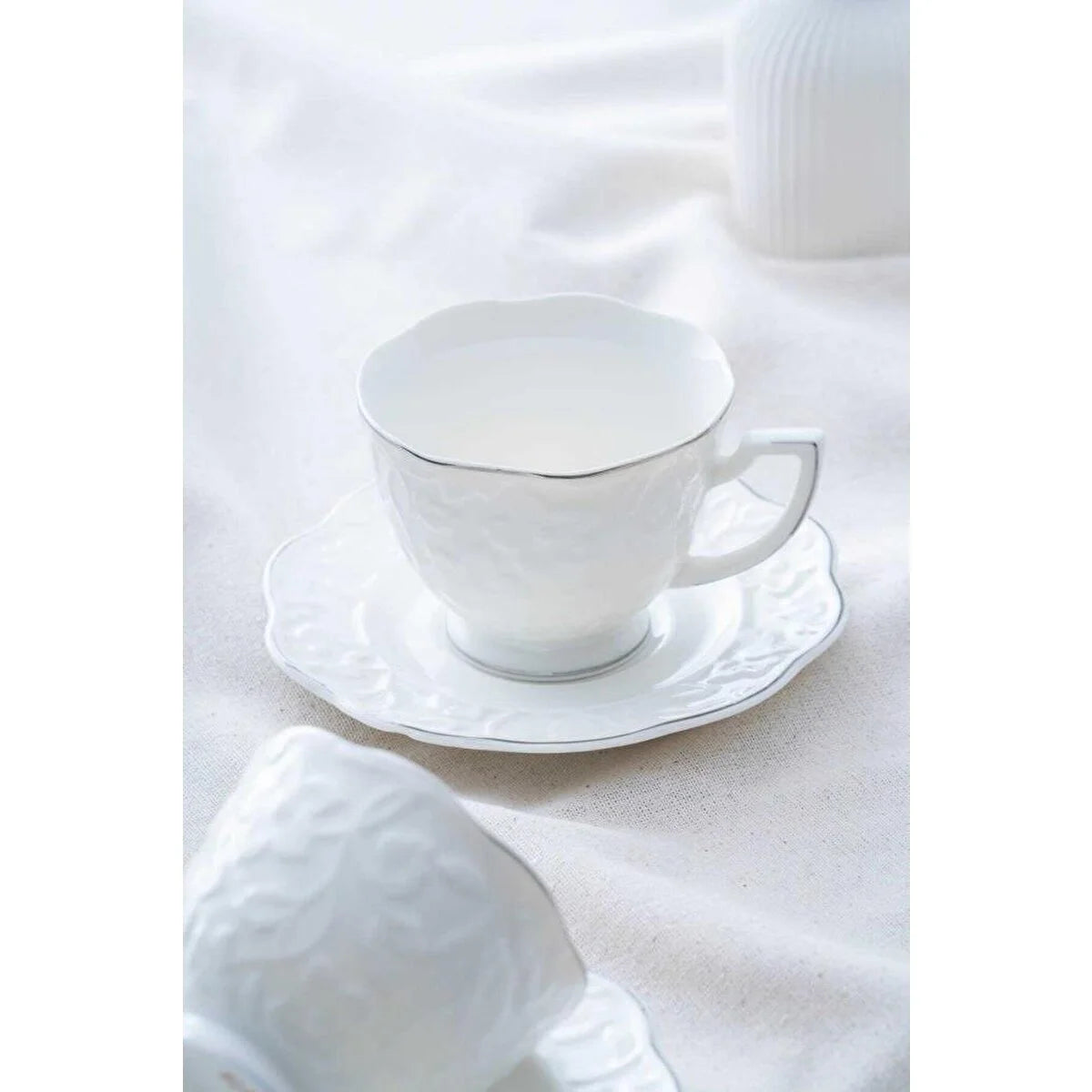 ACAR Octavia 6-Person Porcelain Tea Cup & Saucer Set (90 ml) – Gold or Silver Accents