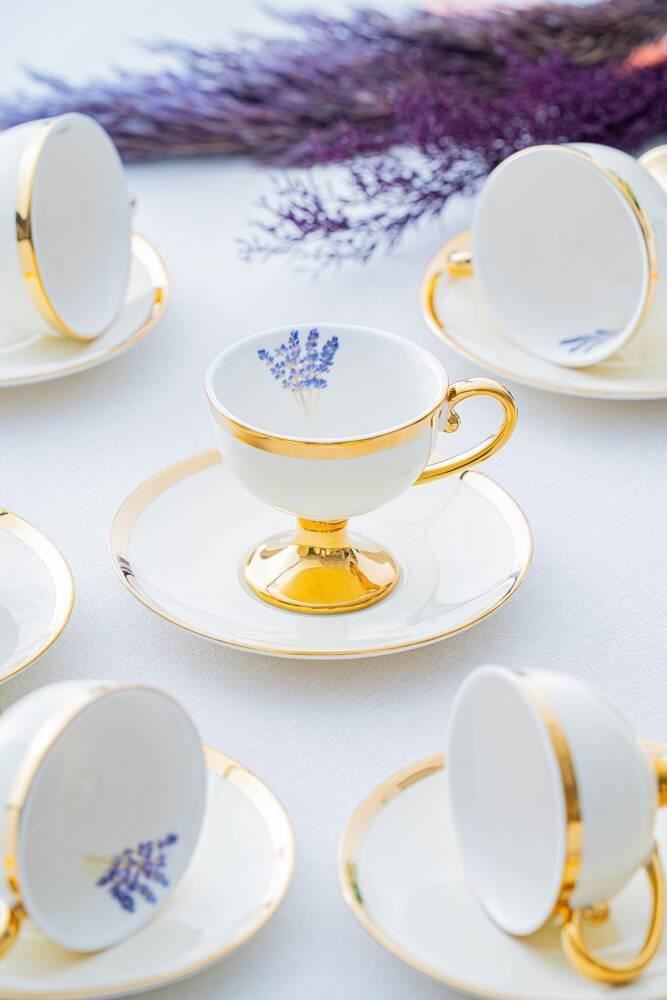 ACAR Miranda Gold 6-Person Porcelain Coffee Cup and Saucer Set (90 ml)