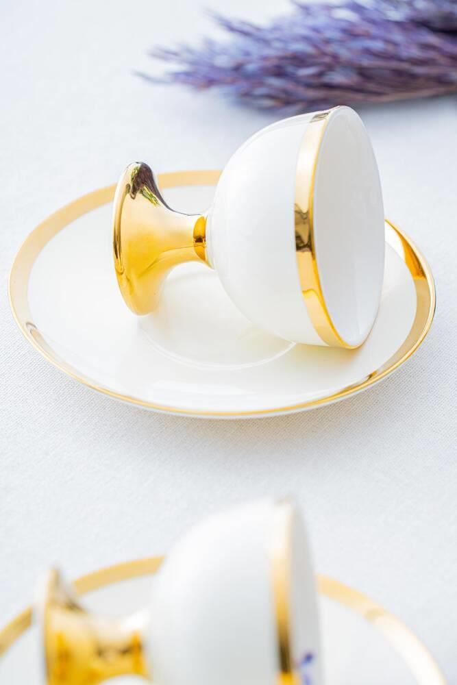 ACAR Miranda Gold 6-Person Porcelain Coffee Cup and Saucer Set (90 ml)