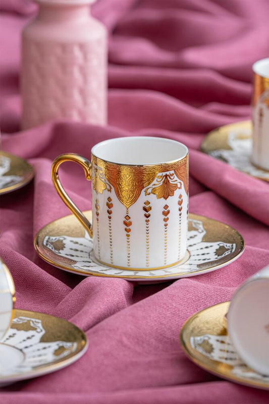 ACAR Allura 6-Person Porcelain Coffee Cup & Saucer Set (90 ml) – White with Gold Trim