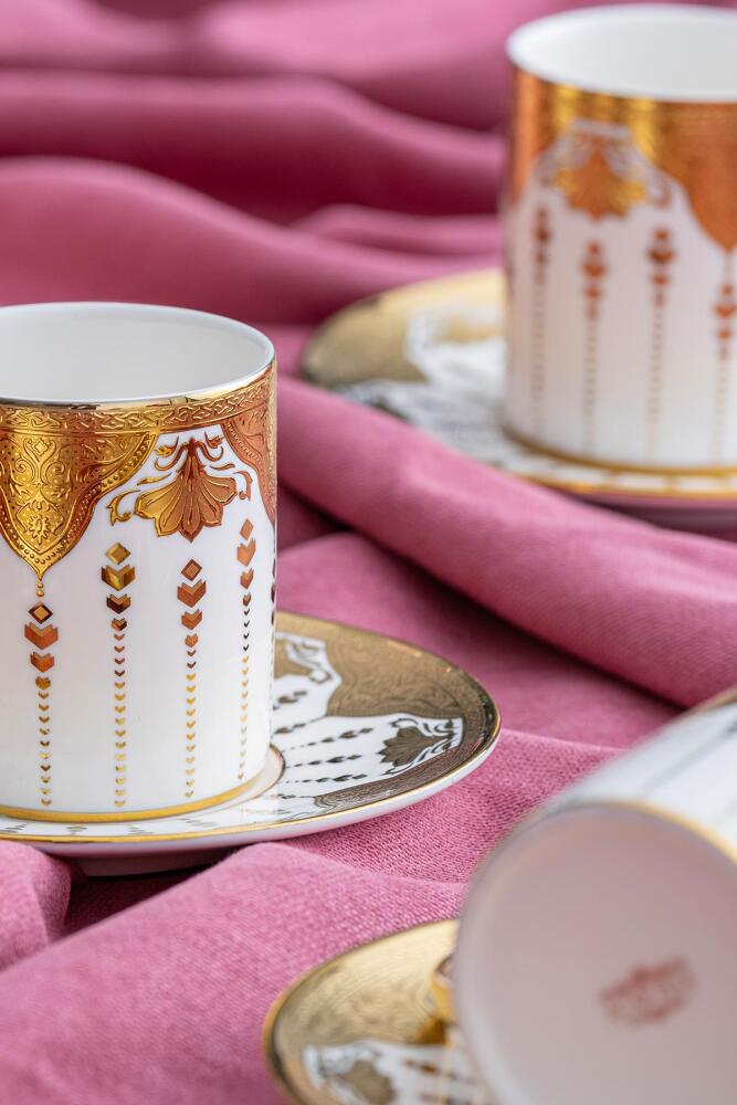ACAR Allura 6-Person Porcelain Coffee Cup & Saucer Set (90 ml) – White with Gold Trim