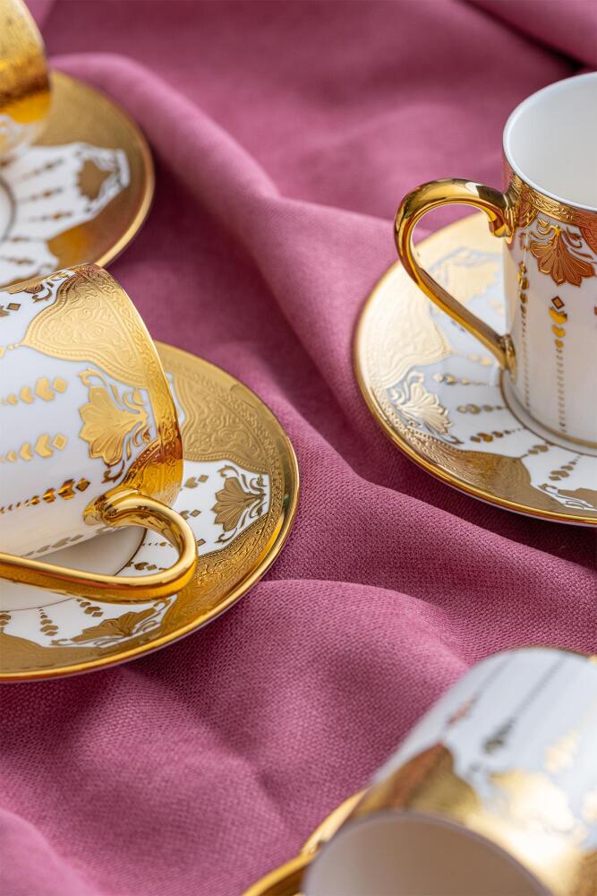 ACAR Allura 6-Person Porcelain Coffee Cup & Saucer Set (90 ml) – White with Gold Trim