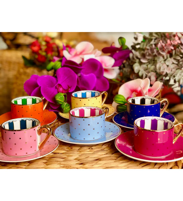 KOSOVA Elite 6-Person Colorful Polka Dot Coffee Cup & Saucer Set (90 ml)