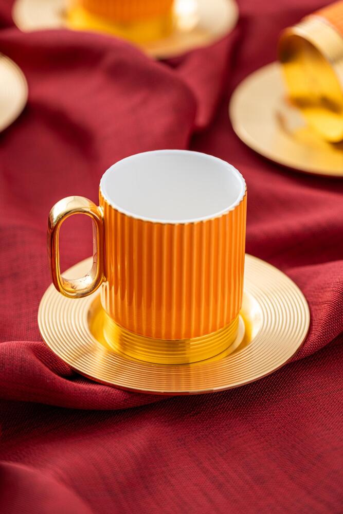 ACAR Erika 4-Person Double Coffee Cup & Saucer Set (160 ml) – White, Black & Orange
