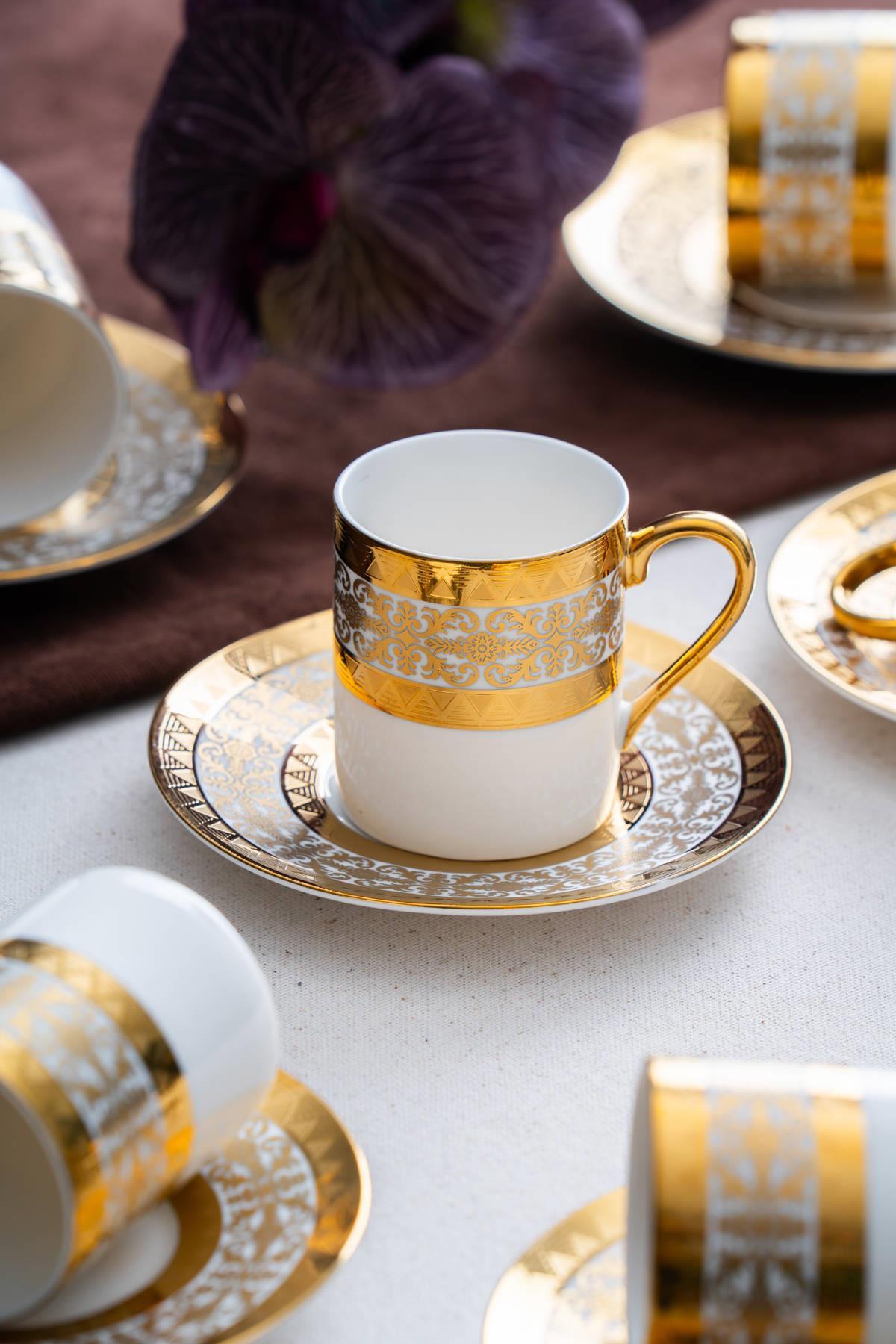ACAR Hermia 6-Person Porcelain Coffee Cup & Saucer Set (90 ml) – White with Gold Accents