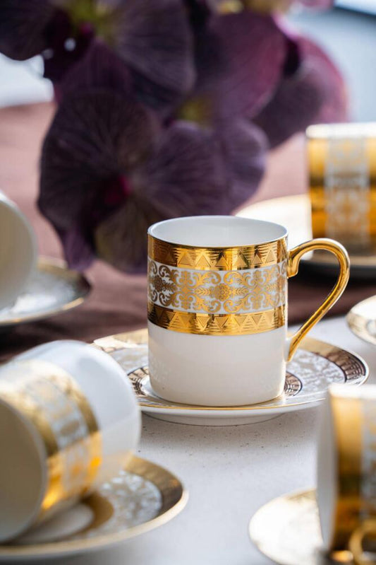 ACAR Hermia 6-Person Porcelain Coffee Cup & Saucer Set (90 ml) – White with Gold Accents