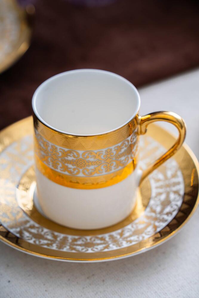ACAR Hermia 6-Person Porcelain Coffee Cup & Saucer Set (90 ml) – White with Gold Accents
