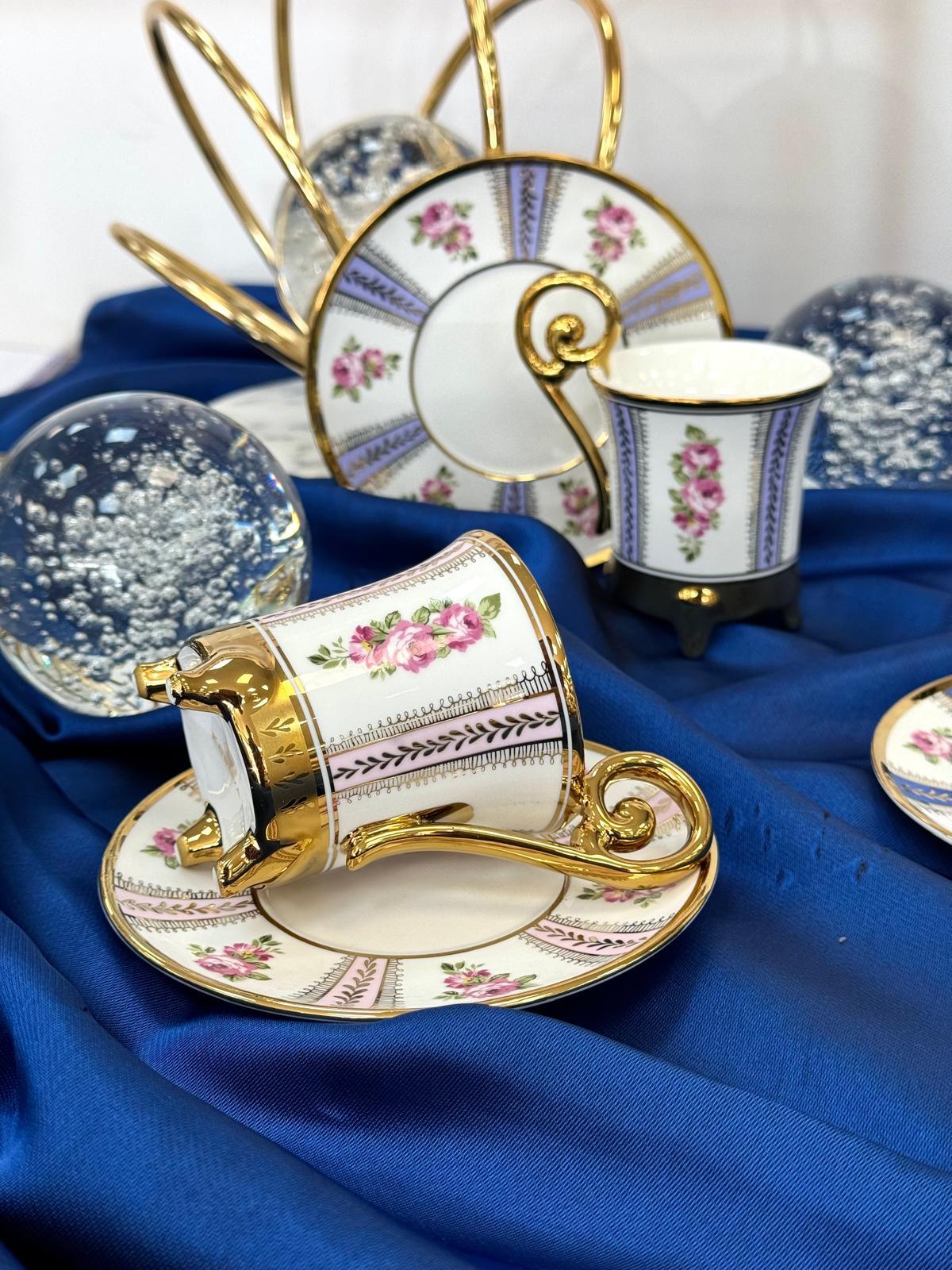 Kosova Briella 6-Person Porcelain Coffee Cup & Saucer Set (90 ml) – Multicolor with Gold Details