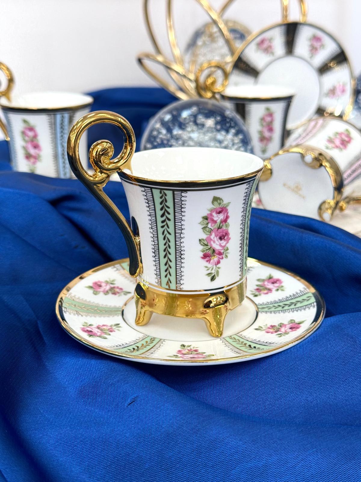 Kosova Briella 6-Person Porcelain Coffee Cup & Saucer Set (90 ml) – Multicolor with Gold Details