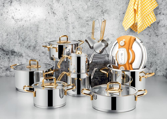 Ozlife ENZA 18-Piece Bridal Cookware Set – Plain Gold with Handle