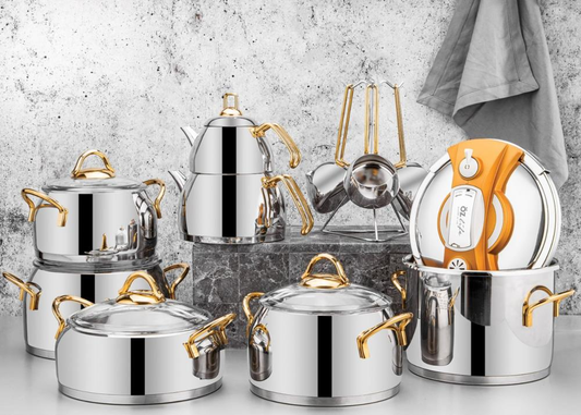 Ozlife CEYLIN 18-Piece Bridal Cookware Set – Plain Gold with Handle