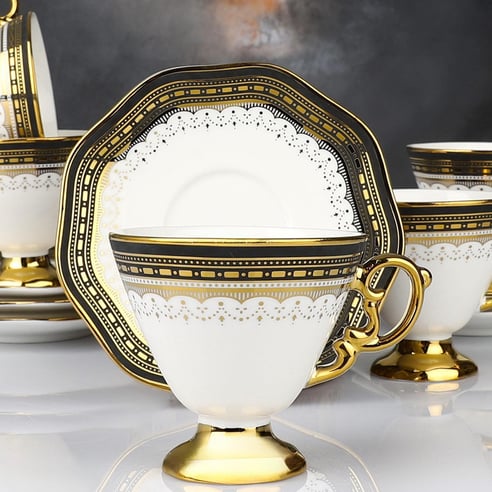 KOSOVA Cliff 6-Person Porcelain Coffee Cup & Saucer Set (90 ml) – Black & White Variants