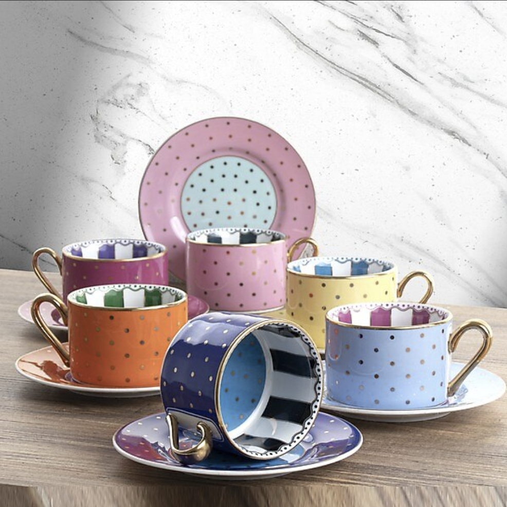KOSOVA Elite 6-Person Colorful Polka Dot Coffee Cup & Saucer Set (90 ml)