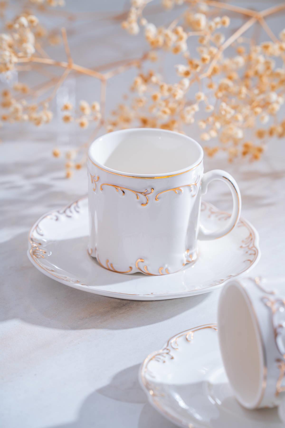 ACAR Marilla 6-Person Porcelain Coffee Cup & Saucer Set (90 ml) — Gold and Silver Variations