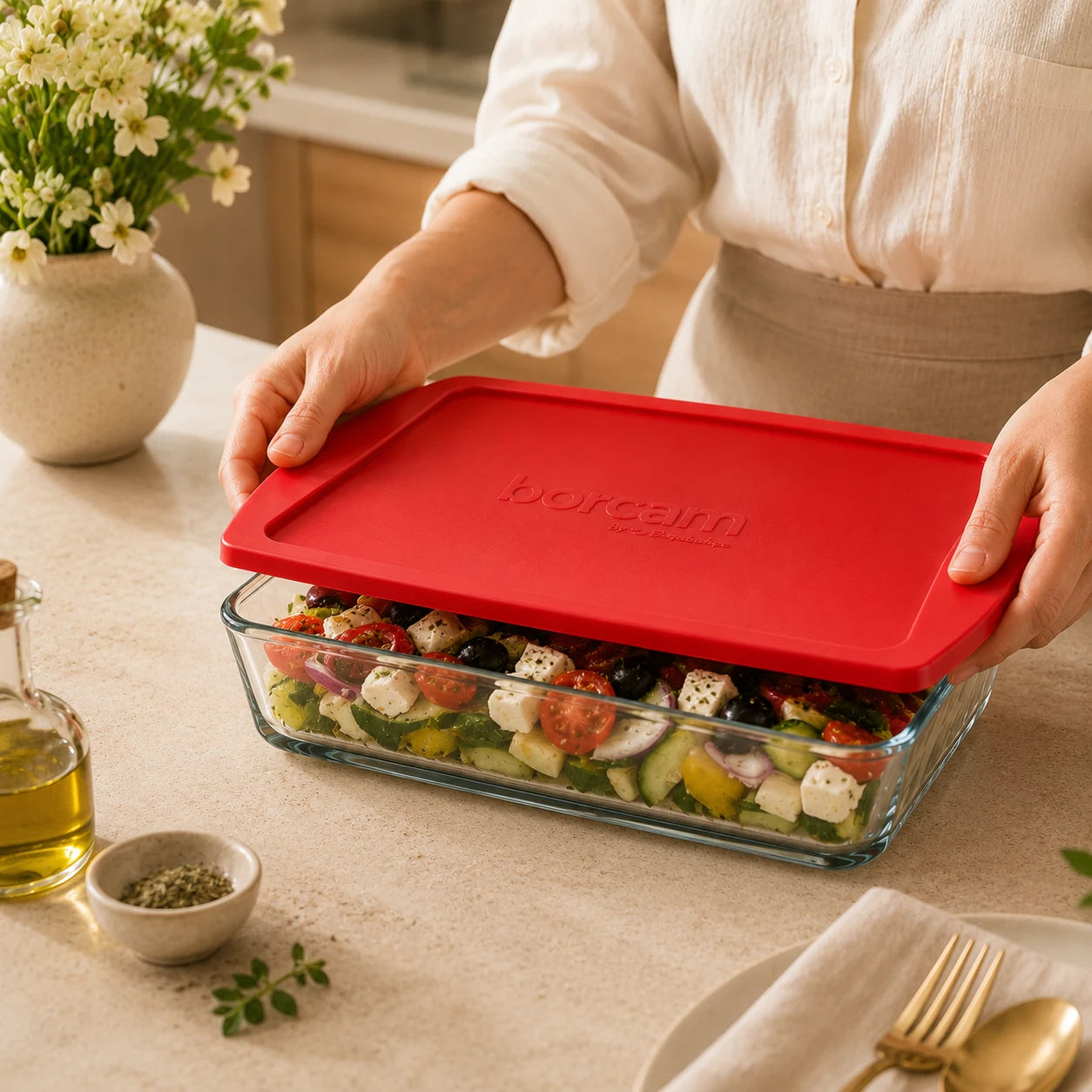 Pasabahce Rectangular Borcam Tray with Red Lid 1320 cc
